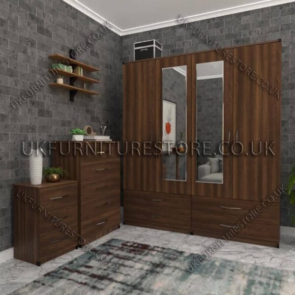 Walnut 4 Door Wardrobe Set With 2 Mirrors and 4 Bottom Drawers