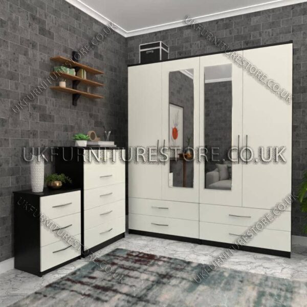 Front White Side Black 4 Door Wardrobe Set With 2 Mirrors and 4 Bottom Drawers