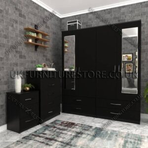 Black 4 Door Wardrobe Set With 2 Mirrors and 4 Bottom Drawers