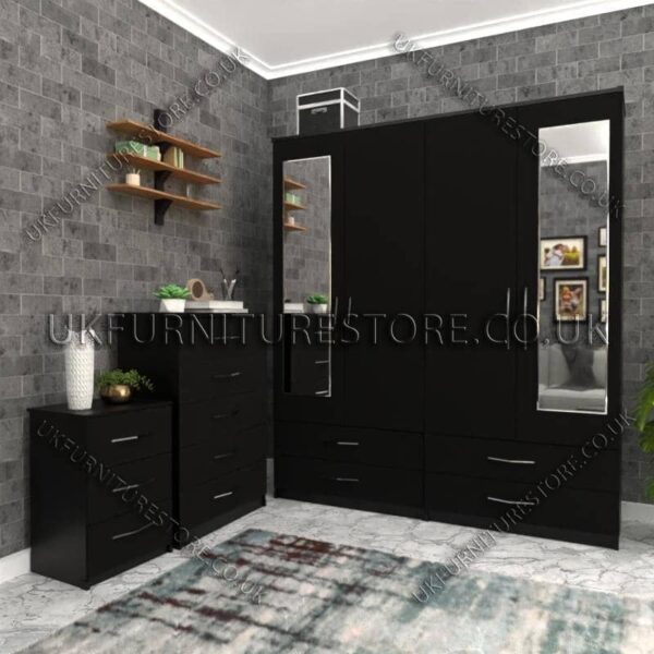 Black 4 Door Wardrobe Set With 2 Mirrors and 4 Bottom Drawers