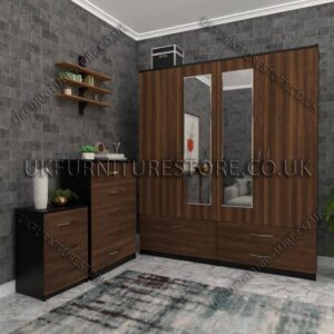 Front Walnut Side Black 4 Door Wardrobe Set With 2 Mirrors and 4 Bottom Drawers