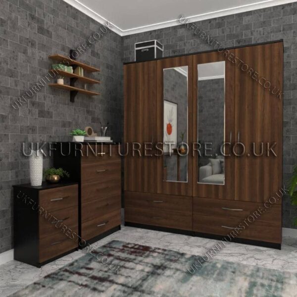 Front Walnut Side Black 4 Door Wardrobe Set With 2 Mirrors and 4 Bottom Drawers
