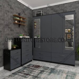 Front Gray Side Black 4 Door Wardrobe Set With 2 Mirrors and 4 Bottom Drawers