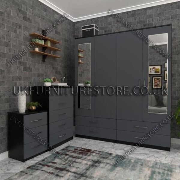Front Gray Side Black 4 Door Wardrobe Set With 2 Mirrors and 4 Bottom Drawers