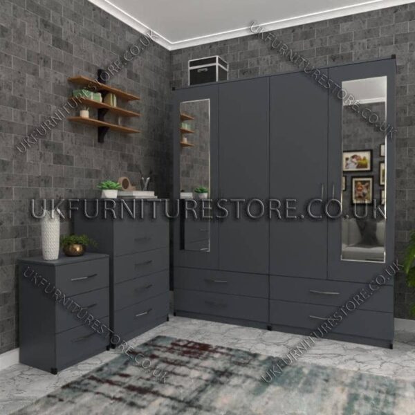 Gray 4 Door Wardrobe Set With 2 Mirrors and 4 Bottom Drawers