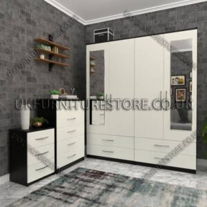 Front White Side Black 4 Door Wardrobe Set With 2 Mirrors and 4 Bottom Drawers