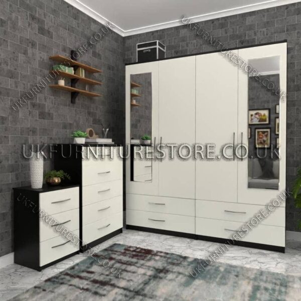Front White Side Black 4 Door Wardrobe Set With 2 Mirrors and 4 Bottom Drawers