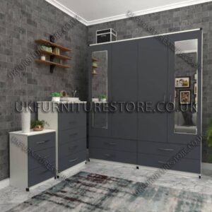 Front Gray Side White 4 Door Wardrobe Set With 2 Mirrors and 4 Bottom Drawers