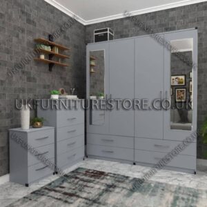Silver 4 Door Wardrobe Set With 2 Mirrors and 4 Bottom Drawers