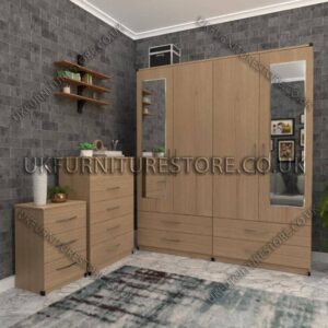 Oak 4 Door Wardrobe Set With 2 Mirrors and 4 Bottom Drawers