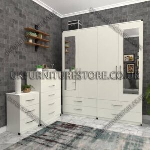 White 4 Door Wardrobe Set With 2 Mirrors and 4 Bottom Drawers