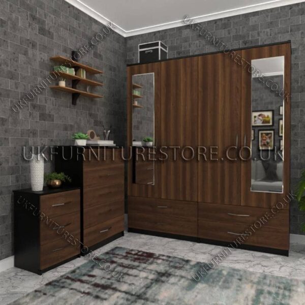 Front Walnut Side Black 4 Door Wardrobe Set With 2 Mirrors and 4 Bottom Drawers