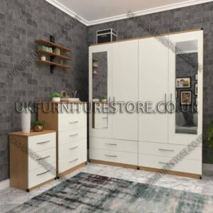 Front White Side Beech 4 Door Wardrobe Set With 2 Mirrors and 4 Bottom Drawers