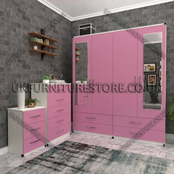 Front Pink Side White 4 Door Wardrobe Set With 2 Mirrors and 4 Bottom Drawers