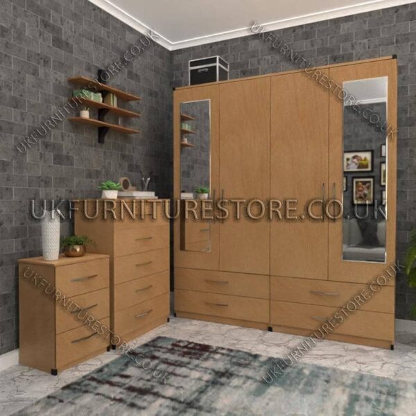Beech 4 Door Wardrobe Set With 2 Mirrors and 4 Bottom Drawers