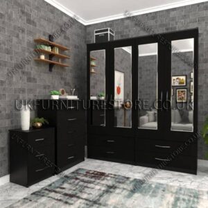 Black 4 Door Wardrobe Set With 4 Mirrors and 4 Bottom Drawers