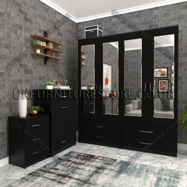 Black 4 Door Wardrobe Set With 4 Mirrors and 4 Bottom Drawers