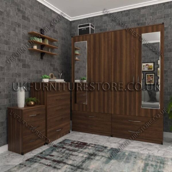 Walnut 4 Door Wardrobe Set With 2 Mirrors and 4 Bottom Drawers