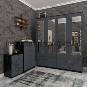 Front Gray Side Black 4 Door Wardrobe Set With 4 Mirrors and 4 Bottom Drawers