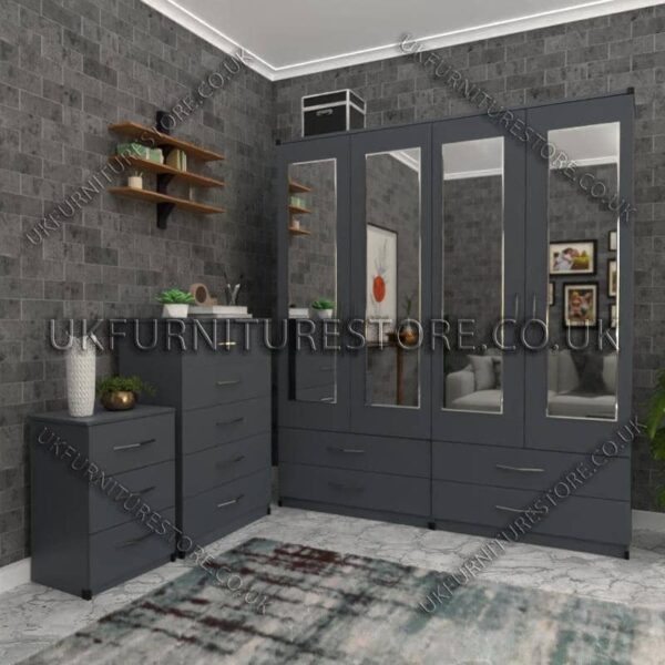 Gray 4 Door Wardrobe Set With 4 Mirrors and 4 Bottom Drawers