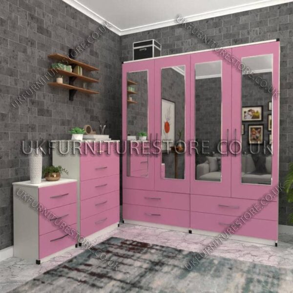 Front Pink Side White 4 Door Wardrobe Set With 4 Mirrors and 4 Bottom Drawers