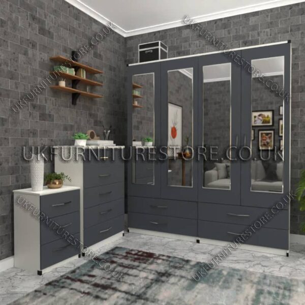 Front Gray Side White 4 Door Wardrobe Set With 4 Mirrors and 4 Bottom Drawers