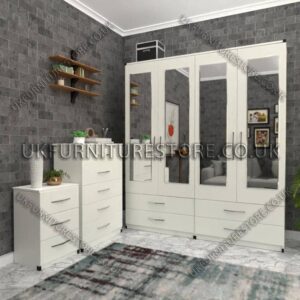 White 4 Door Wardrobe Set With 4 Mirrors and 4 Bottom Drawers