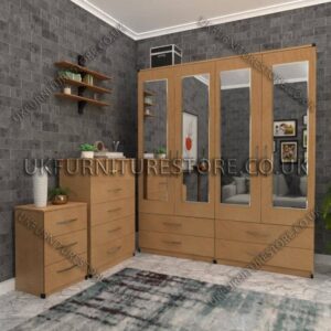 Beech 4 Door Wardrobe Set With 4 Mirrors and 4 Bottom Drawers