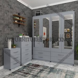 Silver 4 Door Wardrobe Set With 4 Mirrors and 4 Bottom Drawers