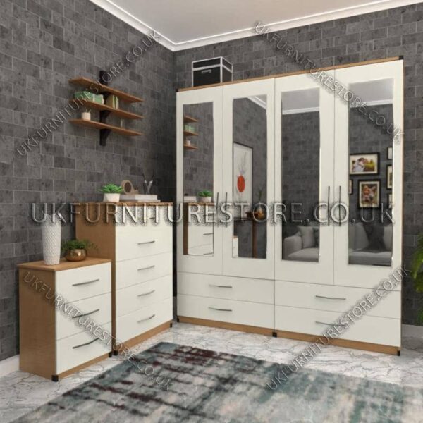 Front White Side Beech 4 Door Wardrobe Set With 4 Mirrors and 4 Bottom Drawers