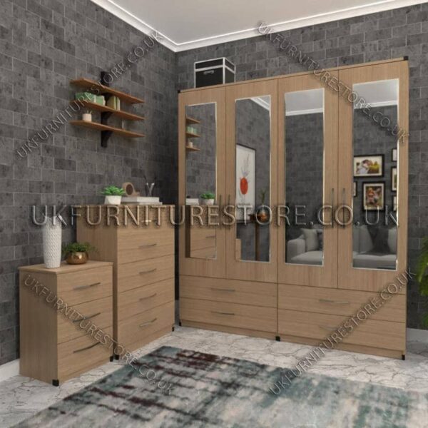 Oak 4 Door Wardrobe Set With 4 Mirrors and 4 Bottom Drawers
