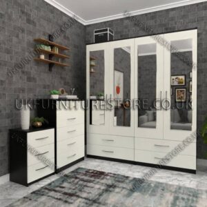 Front White Side Black 4 Door Wardrobe Set With 4 Mirrors and 4 Bottom Drawers