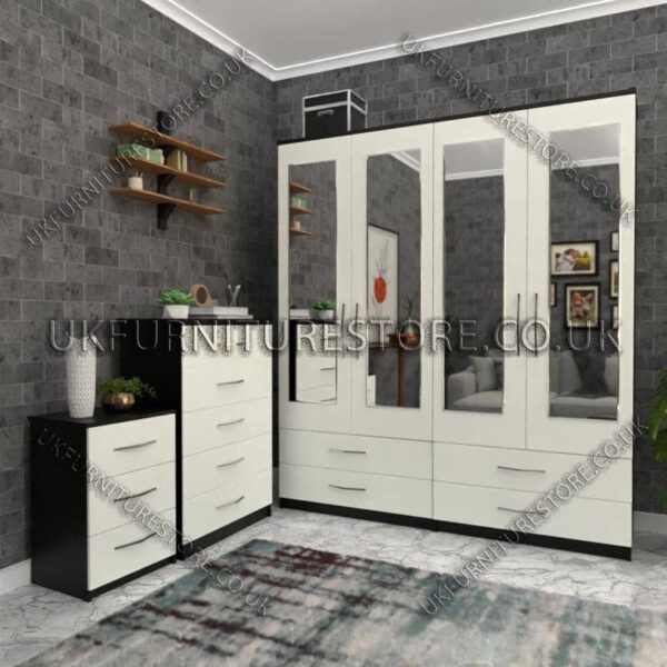 Front White Side Black 4 Door Wardrobe Set With 4 Mirrors and 4 Bottom Drawers