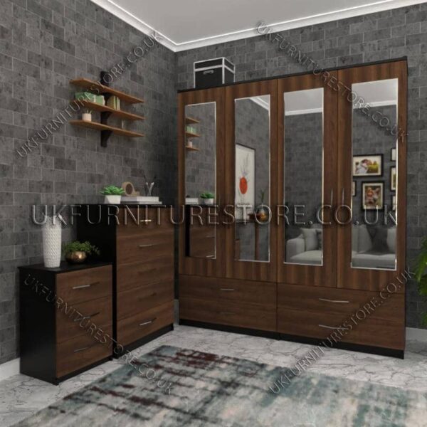 Front Walnut Side Black 4 Door Wardrobe Set With 4 Mirrors and 4 Bottom Drawers