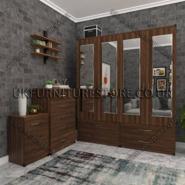Walnut 4 Door Wardrobe Set With 4 Mirrors and 4 Bottom Drawers