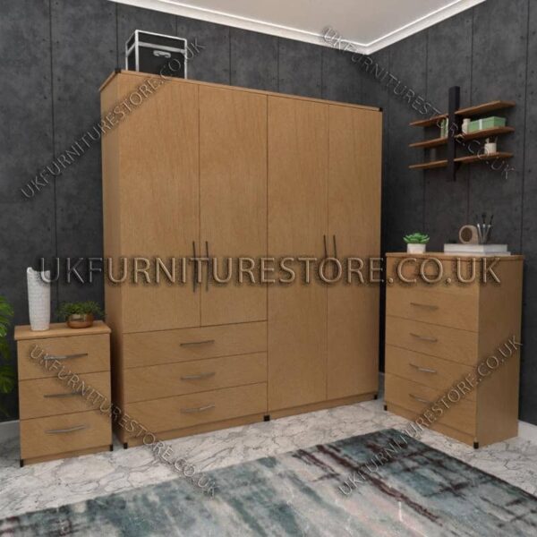 Beech 4 Door Wardrobe Set With 3 Bottom Drawers