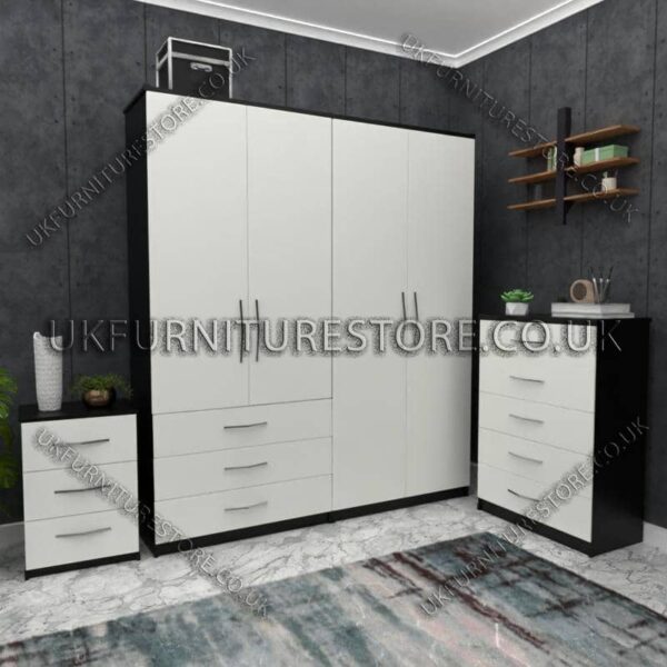 Front White Side Black 4 Door Wardrobe Set With 3 Bottom Drawers