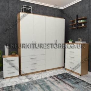 Front White Side Beech 4 Door Wardrobe Set With 3 Bottom Drawers