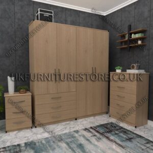 Oak 4 Door Wardrobe Set With 3 Bottom Drawers