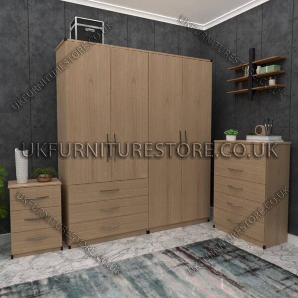 Oak 4 Door Wardrobe Set With 3 Bottom Drawers