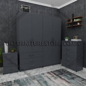 Gray 4 Door Wardrobe Set With 3 Bottom Drawers