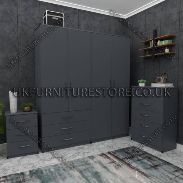 Gray 4 Door Wardrobe Set With 3 Bottom Drawers