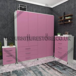 Front Pink Side White 4 Door Wardrobe Set With 3 Bottom Drawers