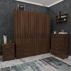 Walnut 4 Door Wardrobe Set With 3 Bottom Drawers
