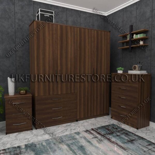Walnut 4 Door Wardrobe Set With 3 Bottom Drawers