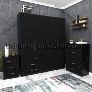 Black 4 Door Wardrobe Set With 3 Bottom Drawers