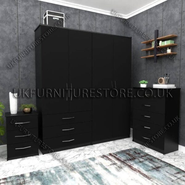 Black 4 Door Wardrobe Set With 3 Bottom Drawers