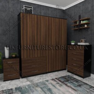 Front Walnut Side Black 4 Door Wardrobe Set With 3 Bottom Drawers