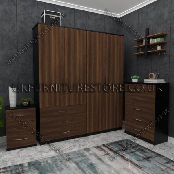 Front Walnut Side Black 4 Door Wardrobe Set With 3 Bottom Drawers