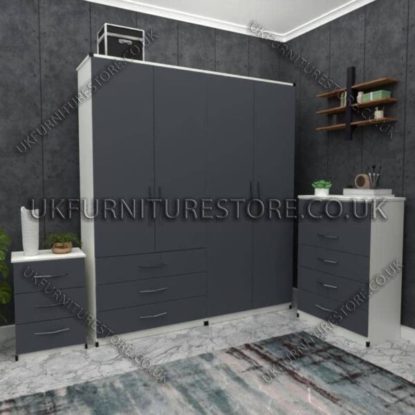Front Gray Side White 4 Door Wardrobe Set With 3 Bottom Drawers